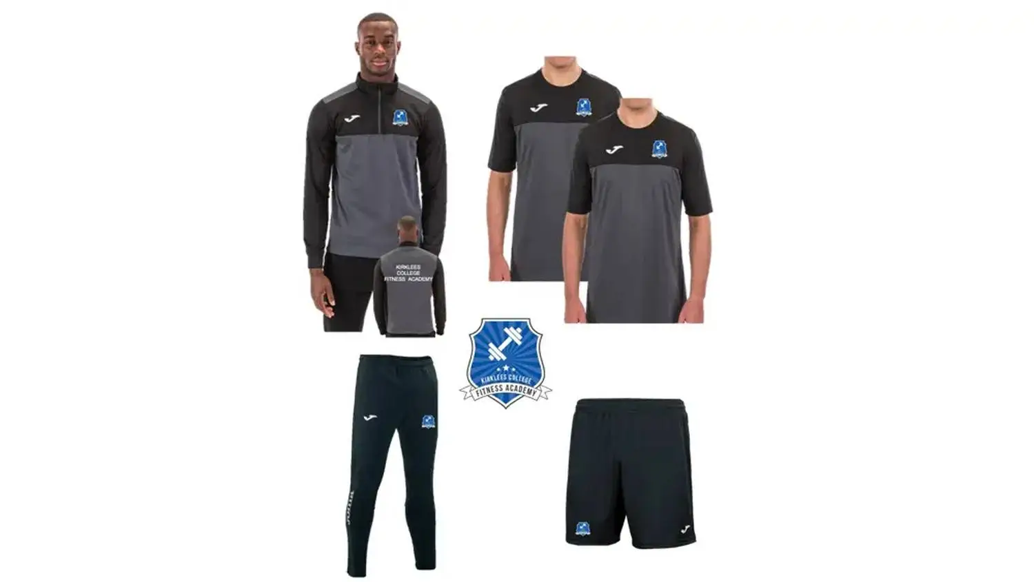 sports kit featuring grey and black tops, joggers, and shorts with college logo and fitness academy emblem.