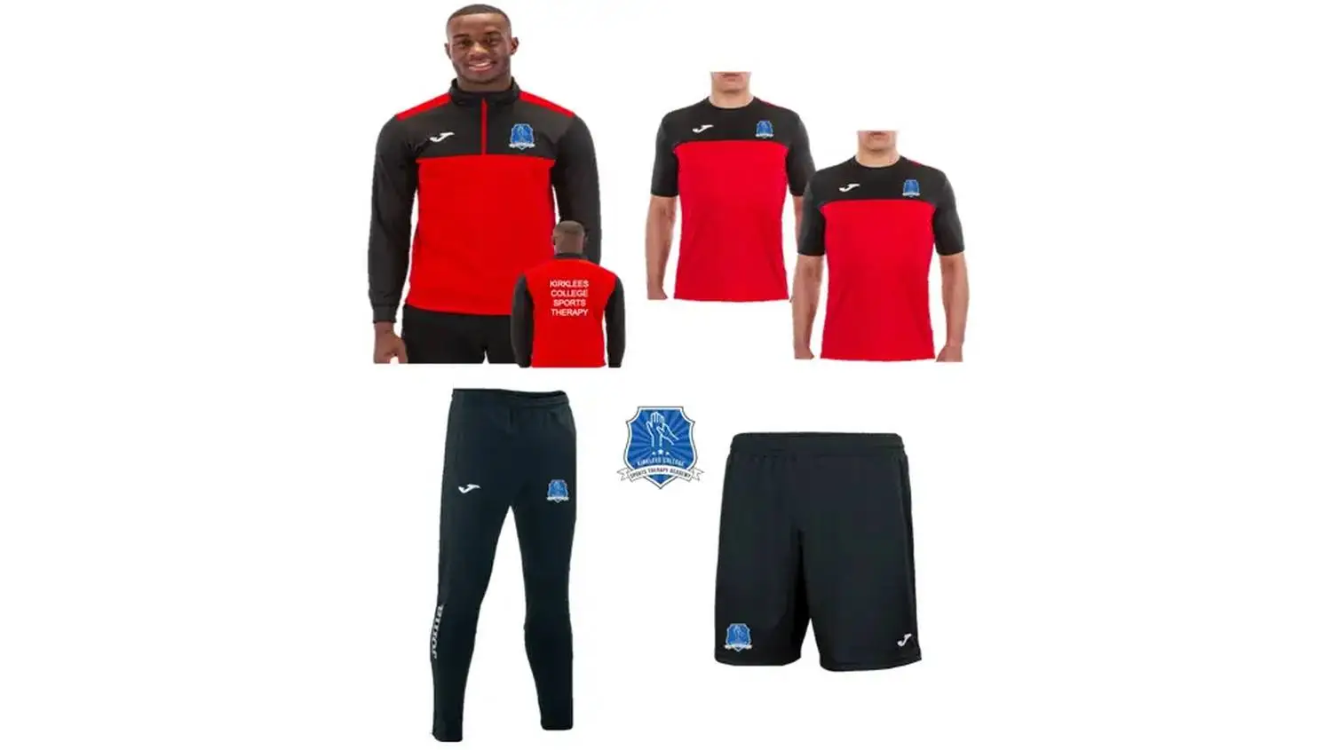 sports kit featuring red and black tops, navy trousers and shorts, with college logo and sports therapy text. Includes a sports badge.