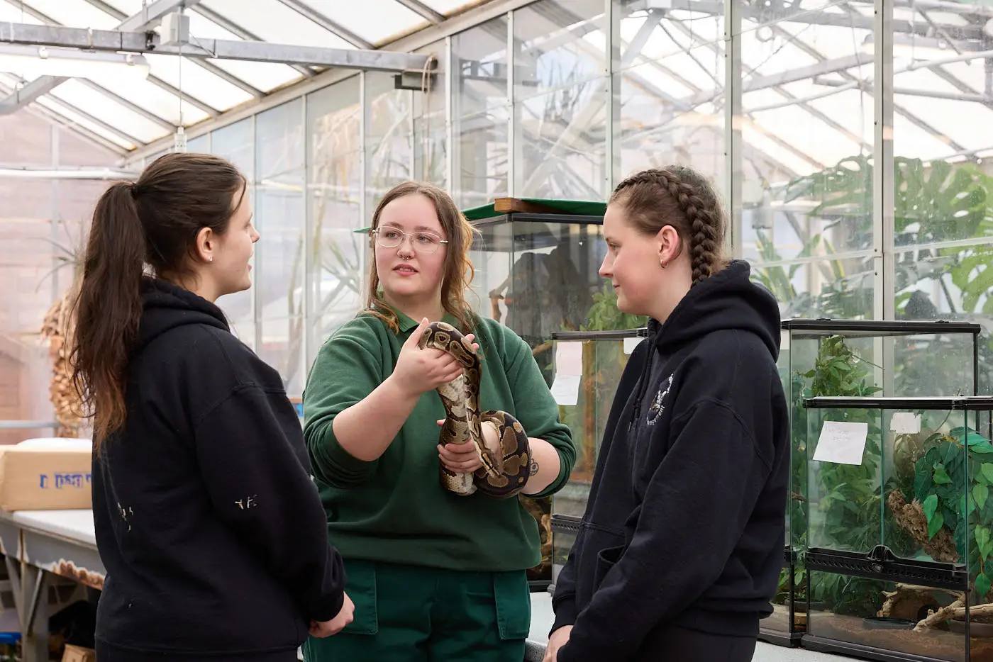 students in a college greenhouse, one holding a snake, engaged in a learning discussion about reptiles.