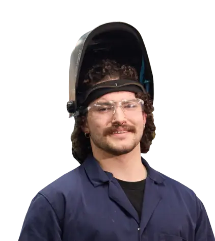 welding apprentice student with protective helmet on