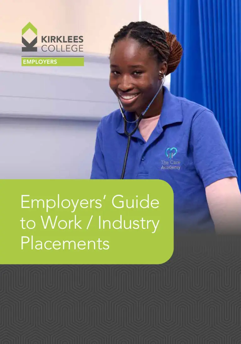 College brochure cover featuring a smiling healthcare student in blue uniform with a stethoscope, titled 'Employers' Guide to Work / Industry Placements'.