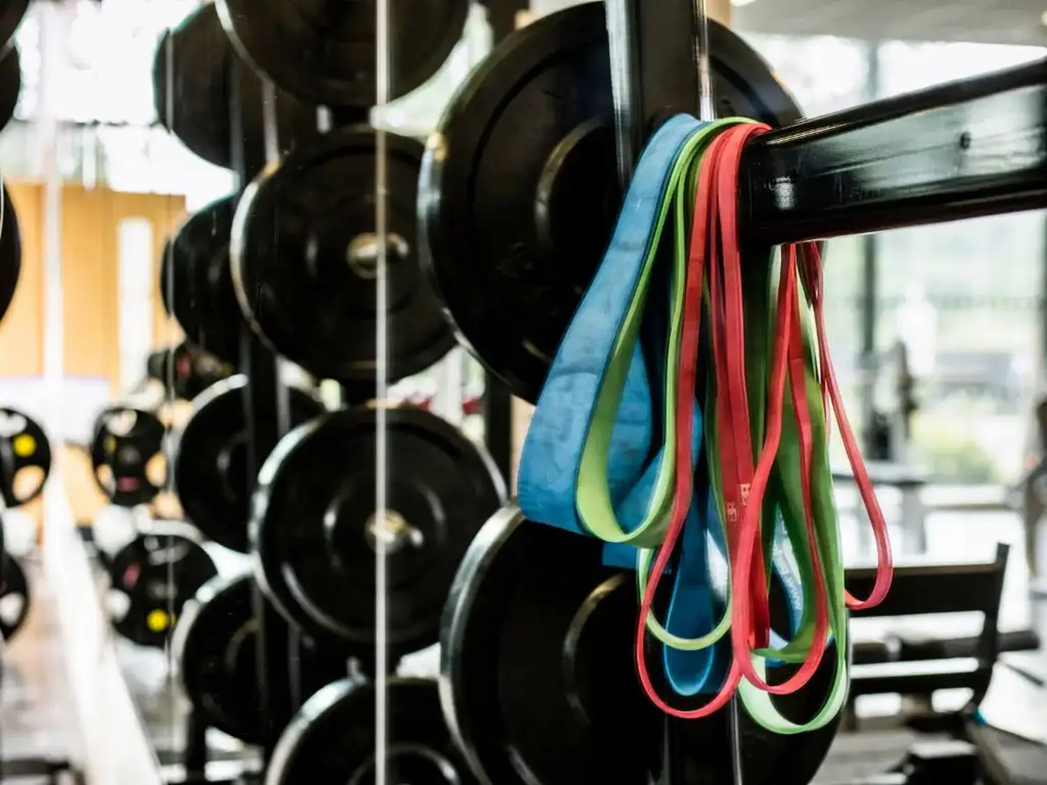 A gym with dumbbells and resistance bands hanging on a rack.