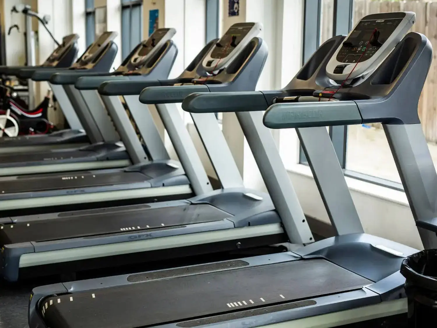 Row of treadmills in a gym with digital displays and safety keys. Natural light from windows.