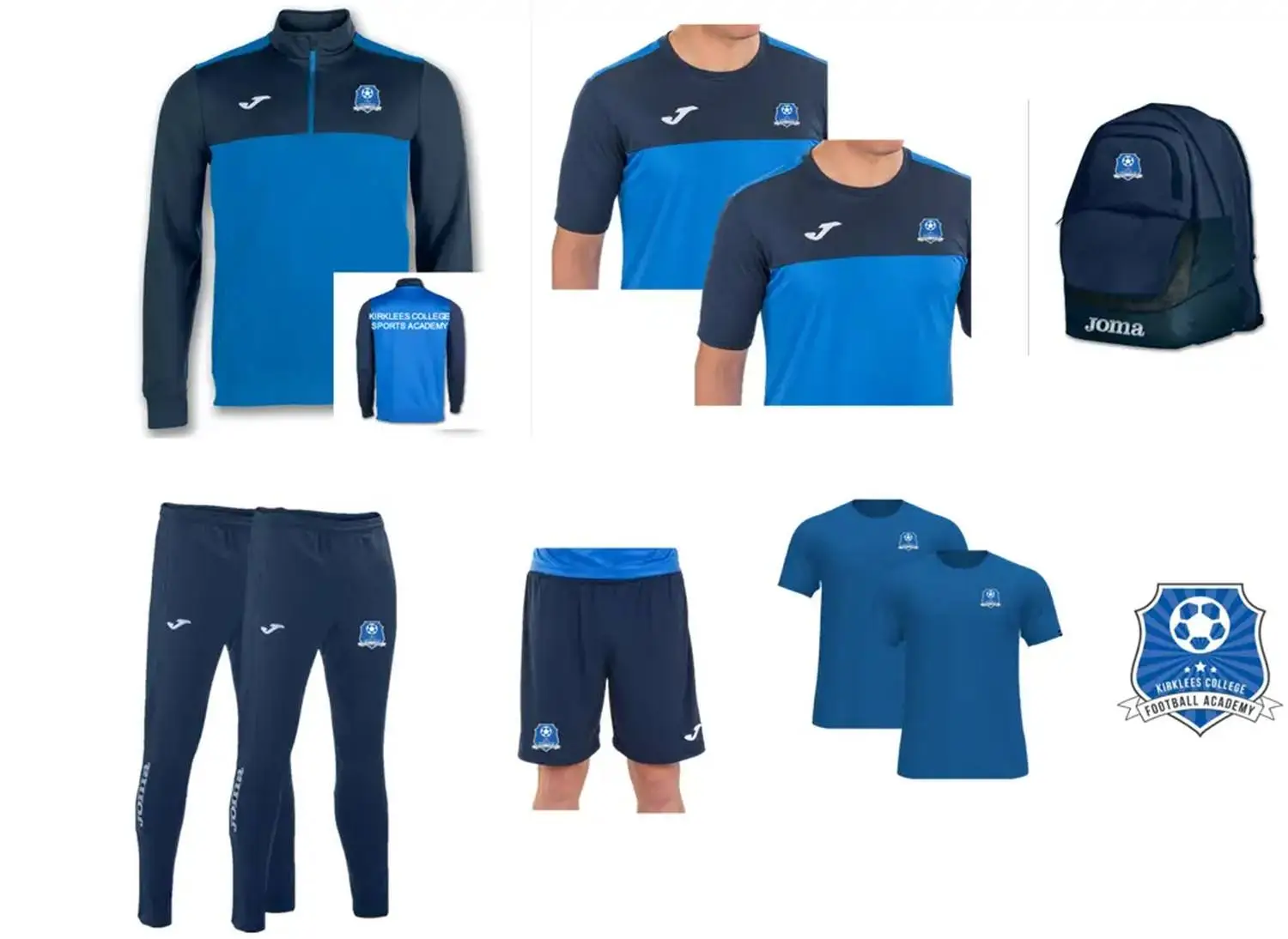College sports kit featuring navy and blue Joma apparel, including tracksuits, shorts, t-shirts, and a backpack, with Kirklees College Sports Academy logo.