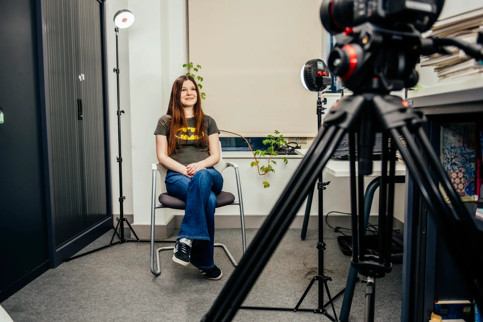 Student presenting to camera
