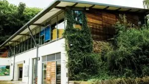 Modern college building with glass facade and wooden cladding, surrounded by lush greenery, promoting a sustainable learning environment.
