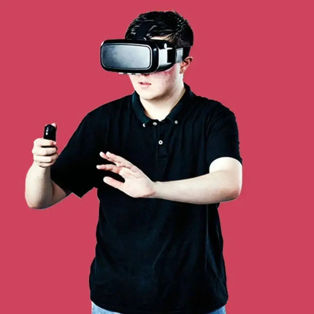 A person wearing a virtual reality headset and holding a controller, engaged in an immersive VR experience against a red background.