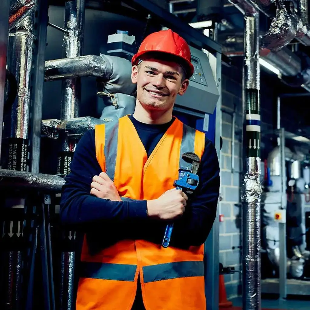 A man in a high-visibility vest and hard hat smiling and holding a pipe wrench in front of industrial pipes.
