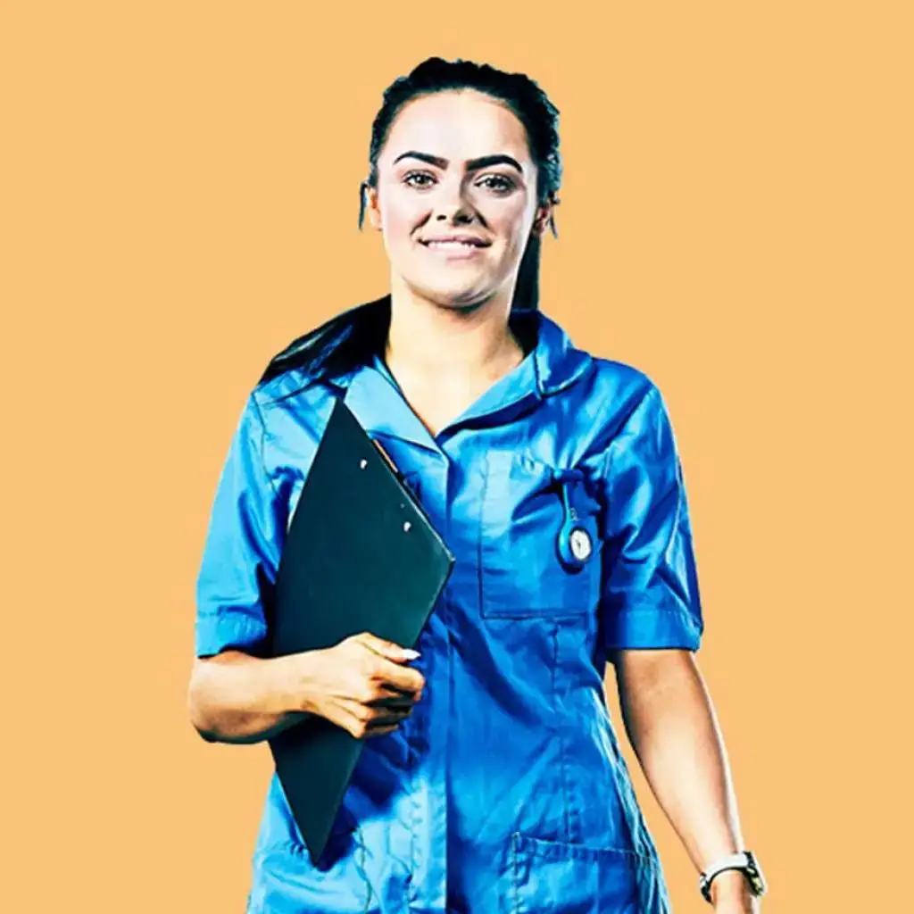 A healthcare professional in blue scrubs holding a clipboard, smiling against a warm background. Represents medical education and training.