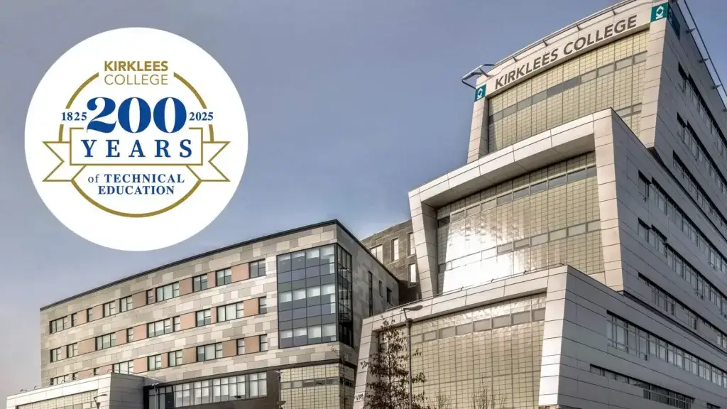 Kirklees College Waterfront building with logo at top right that says Kirklees College 1825 200 Years 2025 Celebrating 200 Years of Technical Education in Kirklees