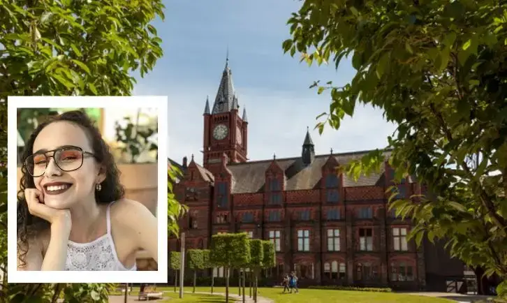Photo of student Edith Adam smiling in a photo frame which has been photoshopped onto a photo of the University of Liverpool