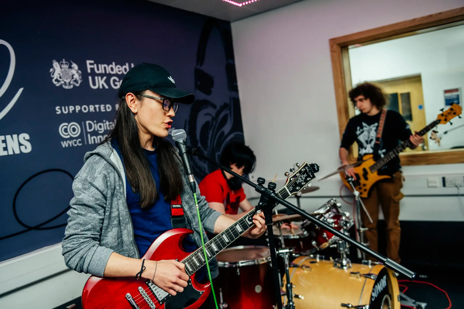 Band rehearsing in studio