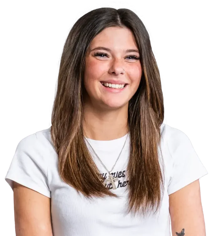college girl smiling face in white tee