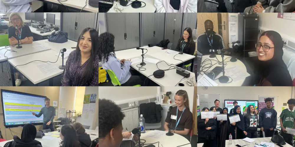 Collage of explorer students in podcast studio