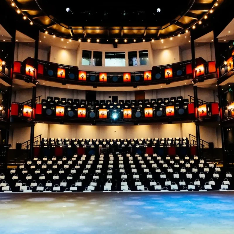 A theatre stage with rows of seats and red lanterns, illuminated by warm lights, creating an inviting atmosphere for performances and educational events.